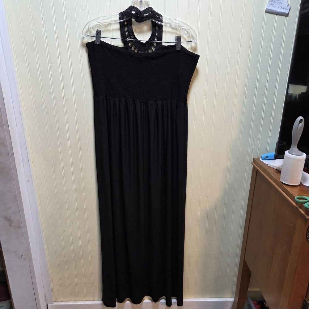 Madison Leigh Dress Womens 14 Black Smocked Halter Crochet Maxi Sundress Casual - Picture 3 of 7